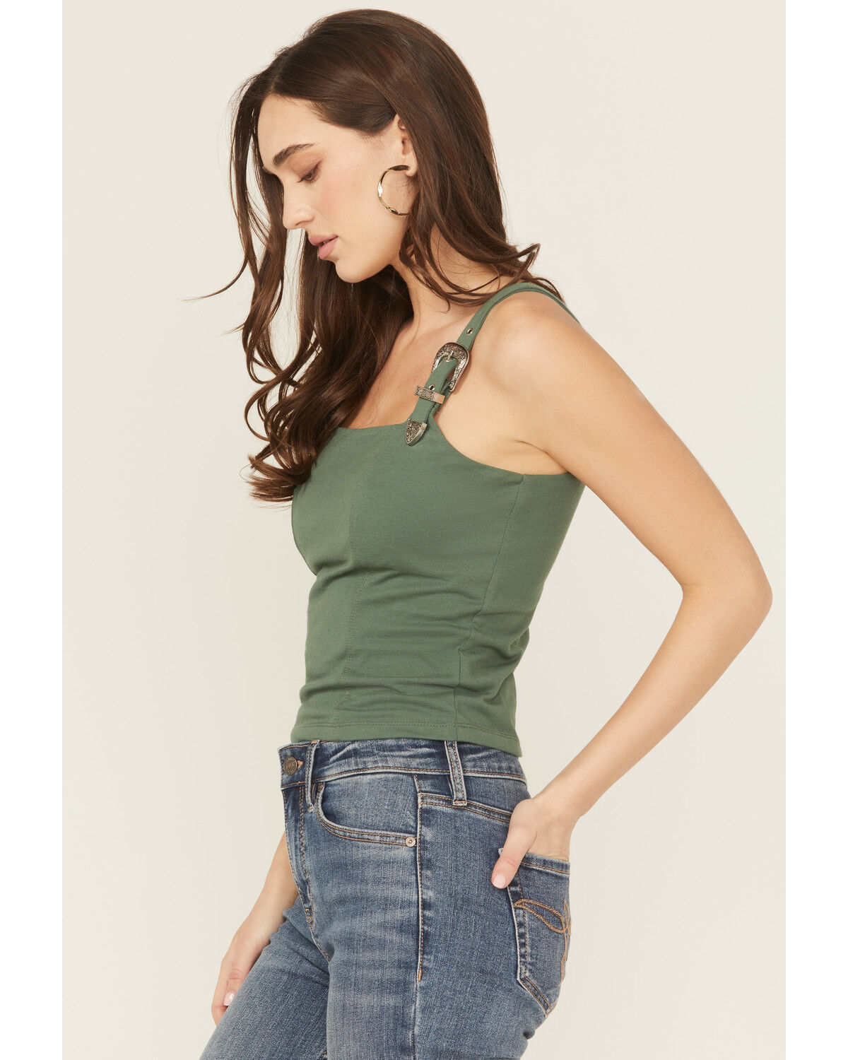 Image #2 - Rock & Roll Denim Women's Square Neck Buckle Tank, Dark Green, hi-res