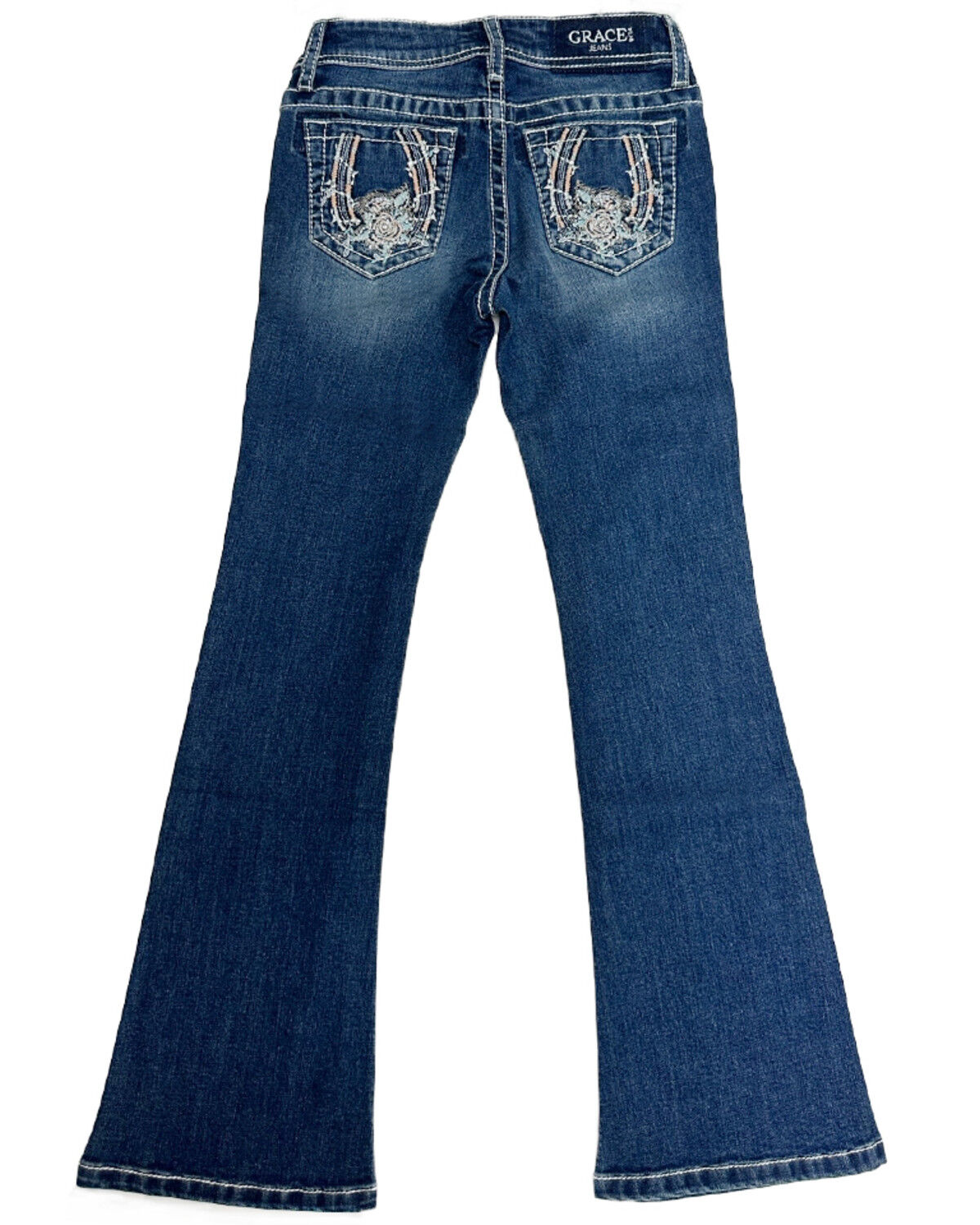 Image #1 - Grace in LA Girls' Dark Wash Floral Horseshoe Pocket Bootcut Stretch Denim Jeans, Dark Wash, hi-res