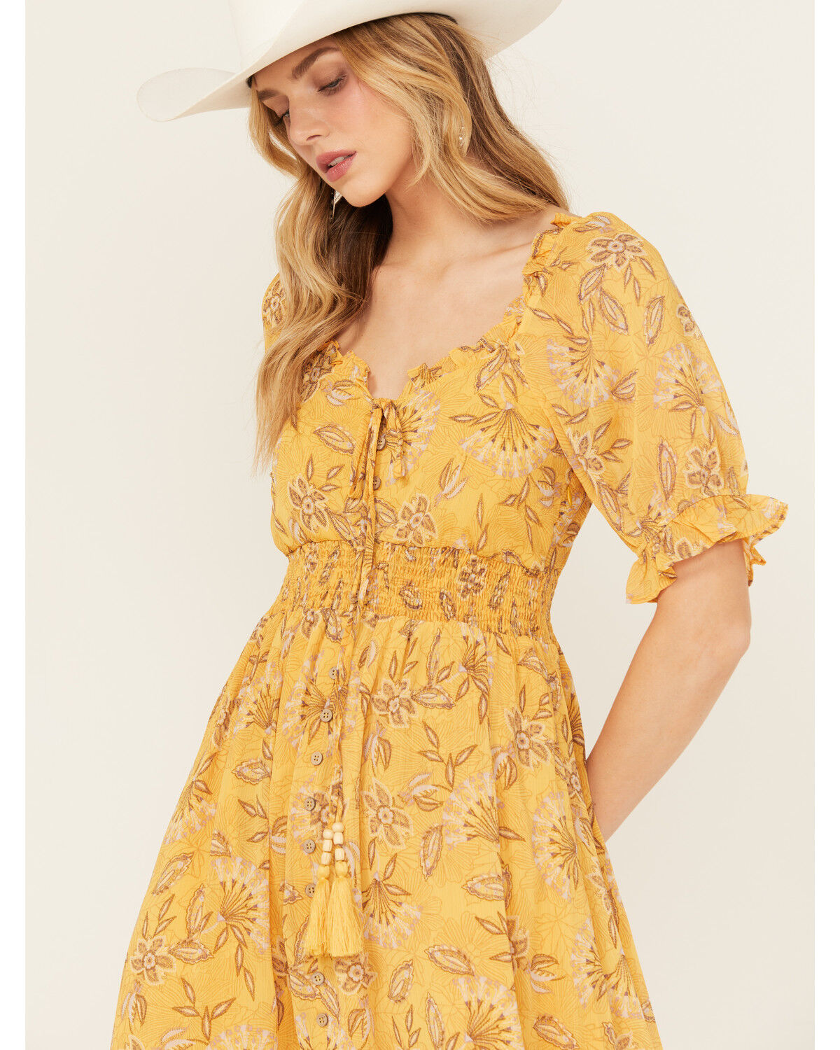 Image #3 - Miss Me Women's Floral Short Sleeve Maxi Dress, Mustard, hi-res