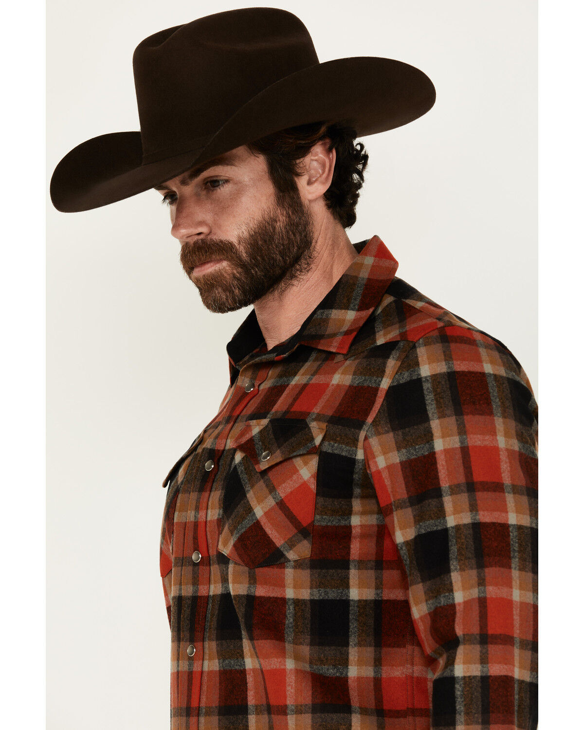Image #2 - Pendleton Men's Canyon Plaid Print Long Sleeve Pearl Snap Western Shirt, Red, hi-res