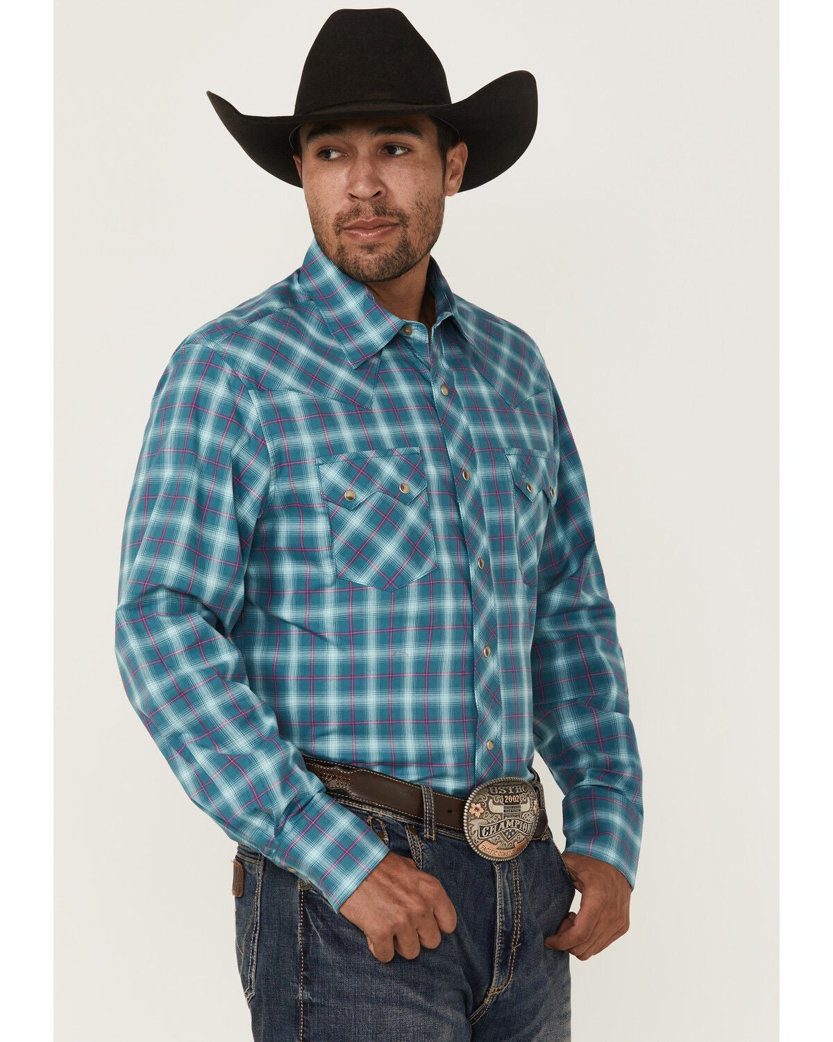 Wrangler Retro Men's Plaid Print Long Sleeve Snap Western Shirt, Turquoise, hi-res