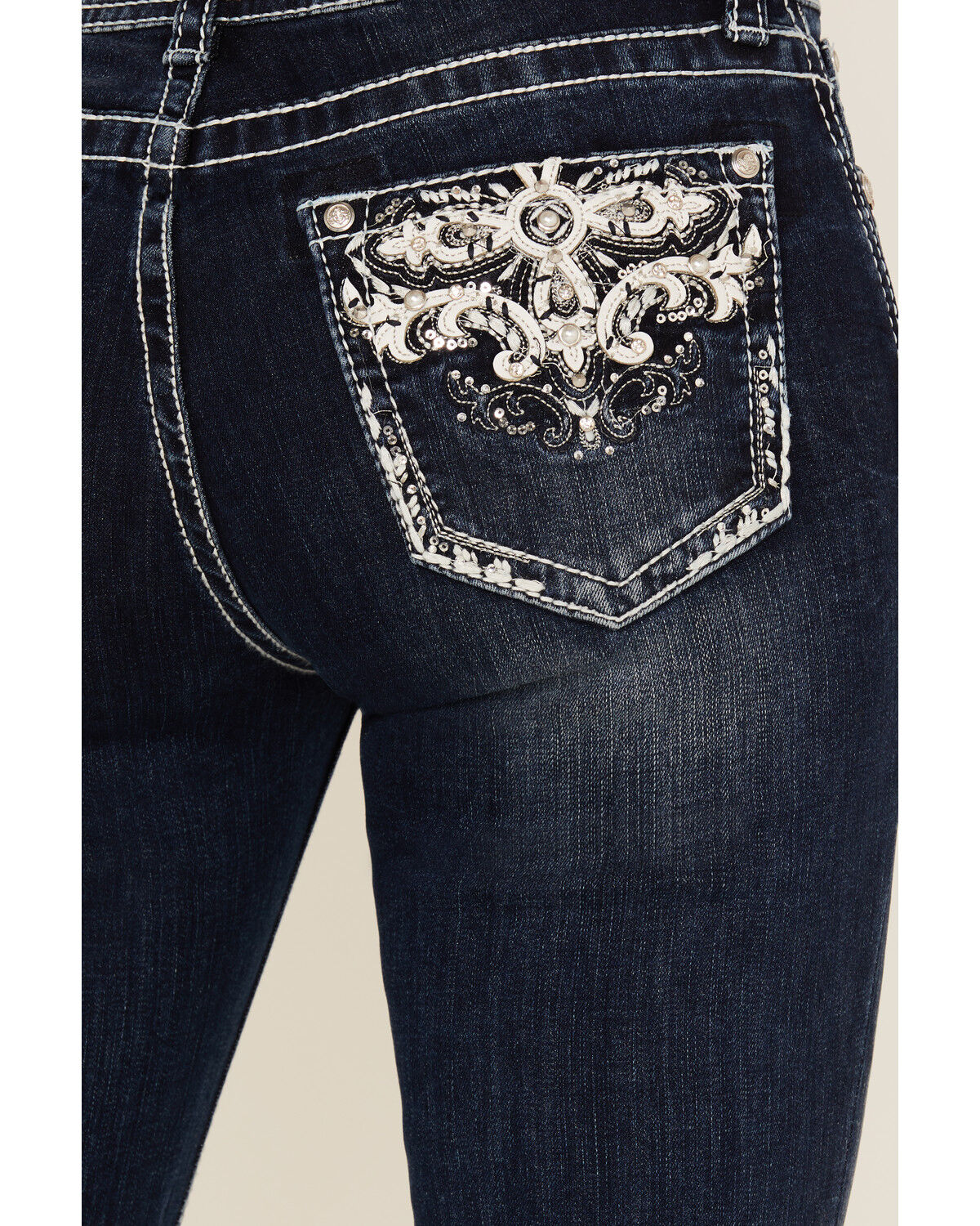 Image #2 - Grace In LA Women's Dark Wash Embellished Mid Rise Bootcut Stretch Denim Jeans, Dark Wash, hi-res
