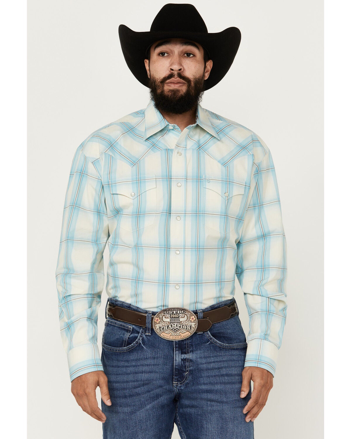 Stetson Men's Plaid Print Long Sleeve Pearl Snap Western Shirt, Turquoise, hi-res