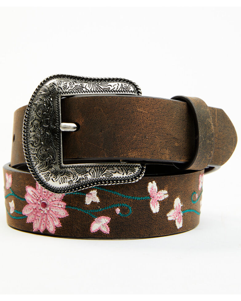 Shyanne Kids' Pink Floral Embroidered Brown Belt, Brown, hi-res