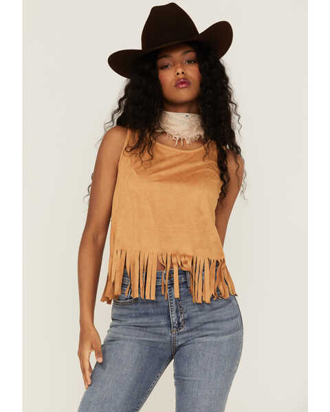 Cowgirl Hardware Women's Faux Suede Fringe Tank, Tan, hi-res