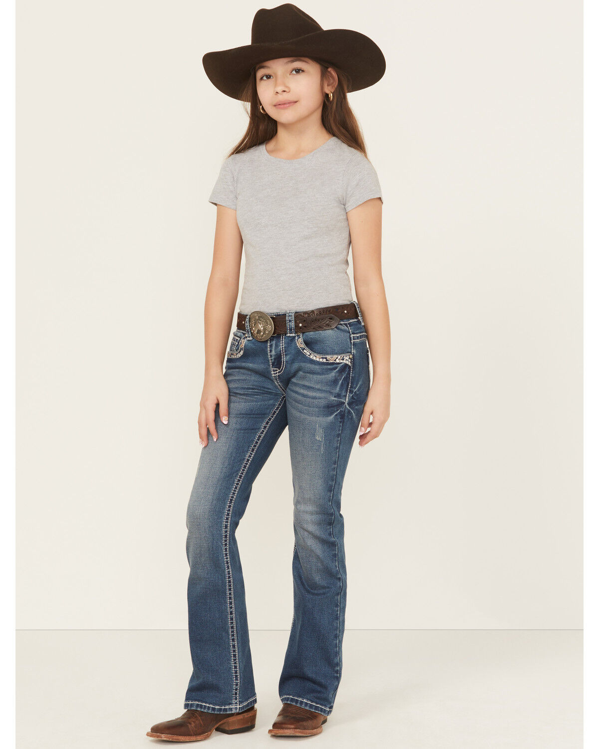 Image #3 - Shyanne Girls' Medium Wash Southwestern Pocket Bootcut Stretch Denim Jeans, Medium Wash, hi-res