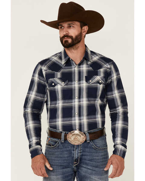 Cody James Men's Transfer Large Plaid Long Sleeve Snap Western Shirt , Navy, hi-res