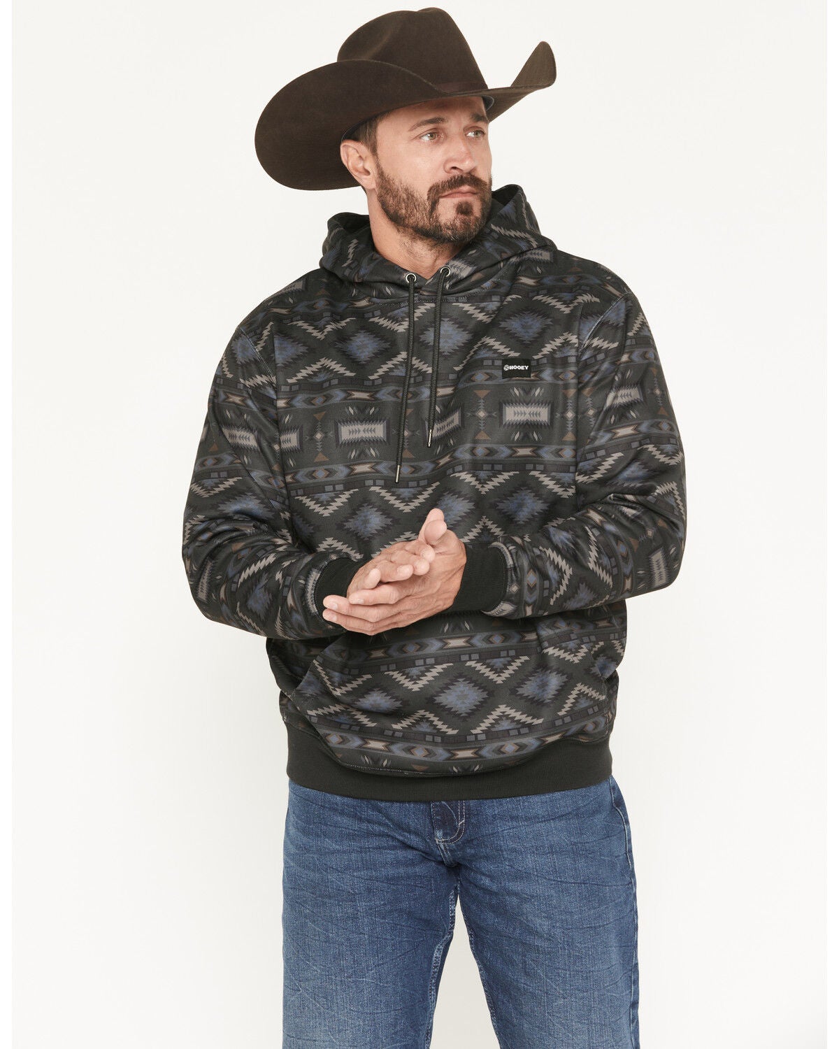 Hooey Men's Legendary Southwestern Print Hooded Sweatshirt, Black, hi-res