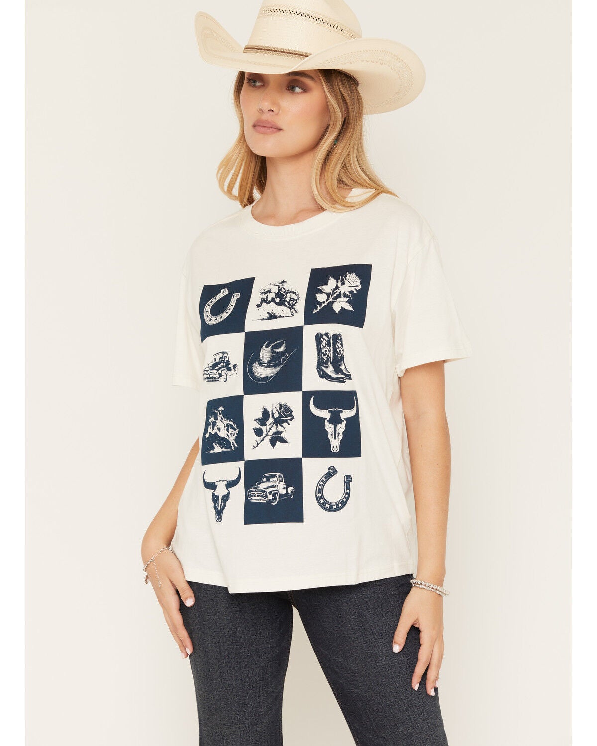 Image #1 - Shyanne Women's Western Checkerboard Short Sleeve Graphic Tee, Navy, hi-res