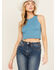 Image #1 - Fornia Women's Floral High Neck Cropped Top, Blue, hi-res