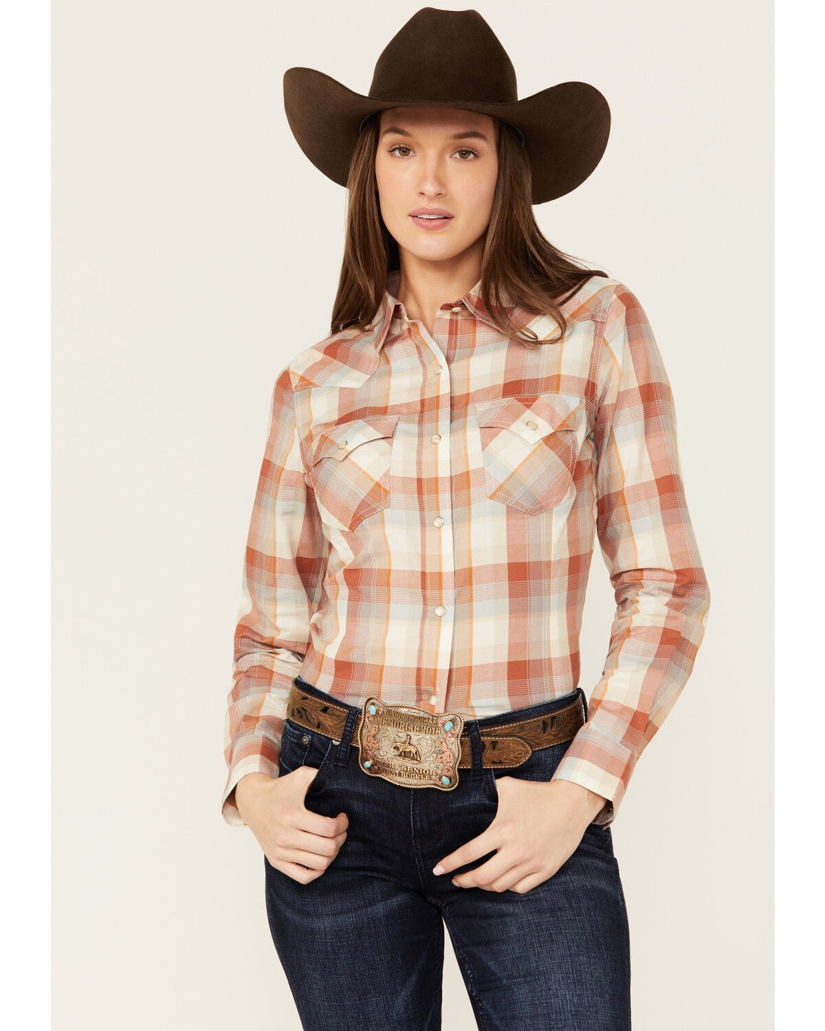 Wrangler Retro Women's Plaid Print Long Sleeve Pearl Snap Western Shirt, Multi, hi-res