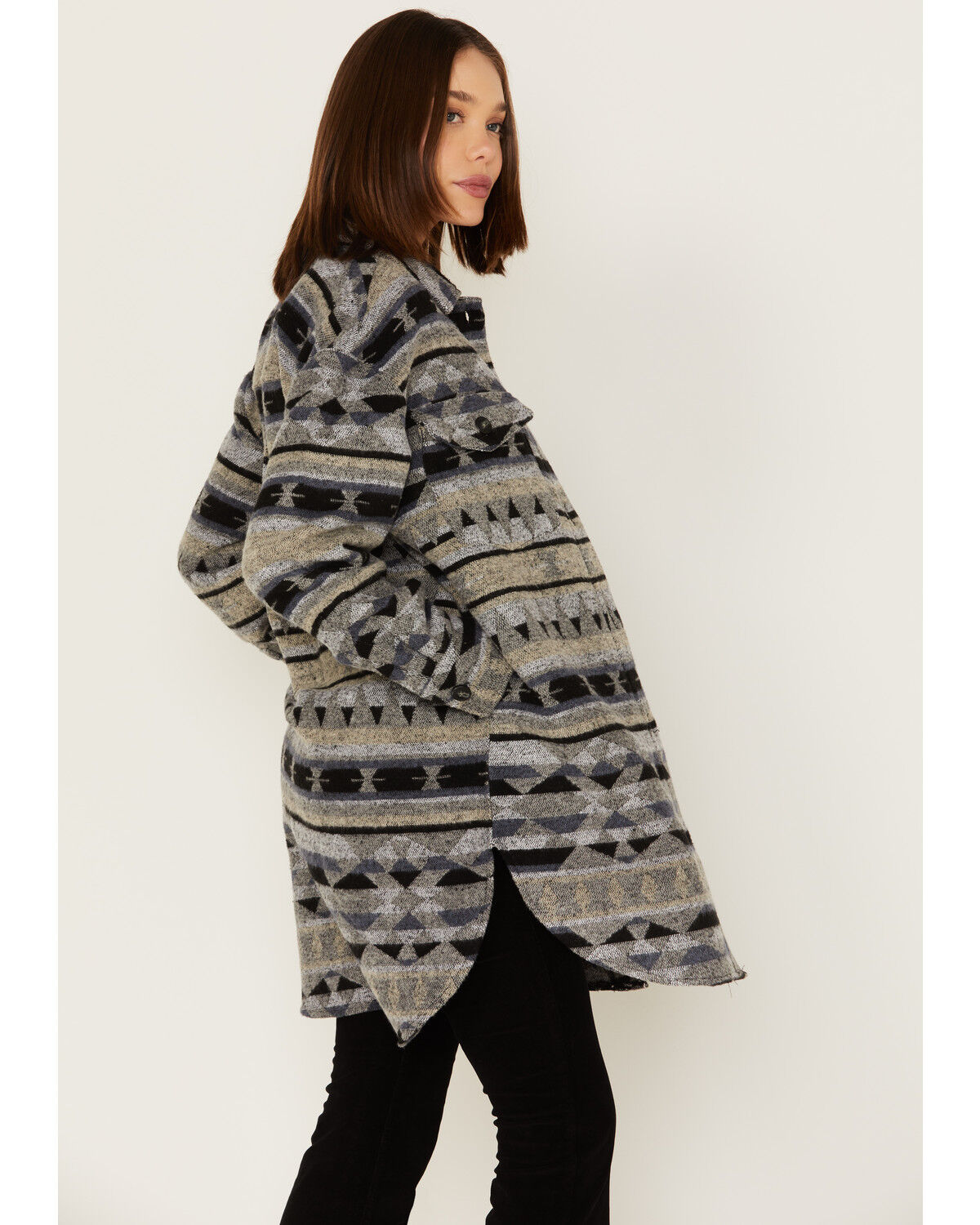 Image #2 - Cripple Creek Women's Southwestern Stripe Print Shacket, Grey, hi-res