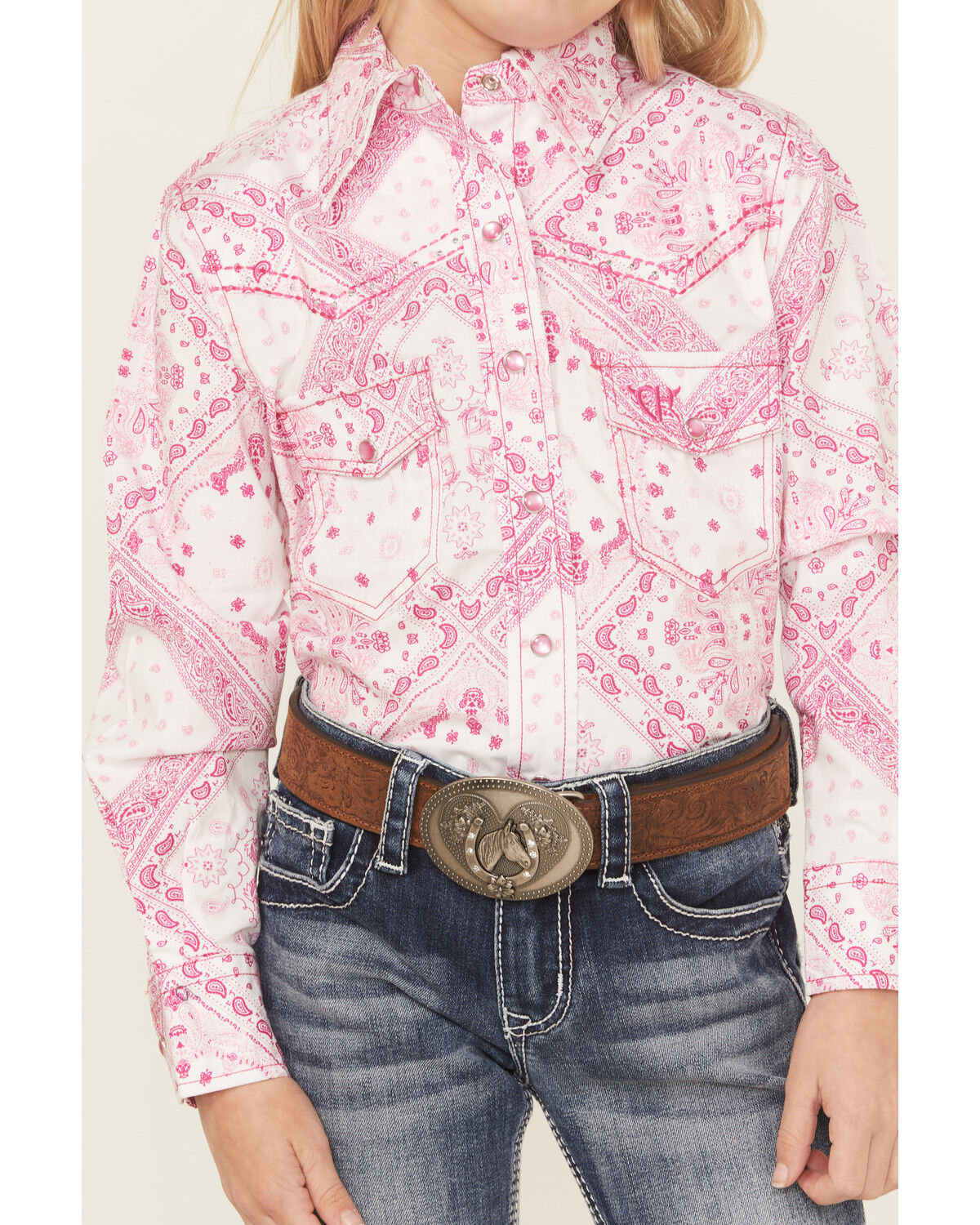 Image #3 - Cowgirl Hardware Girls' Bandana Print Long Sleeve Pearl Snap Stretch Western Shirt, Pink, hi-res
