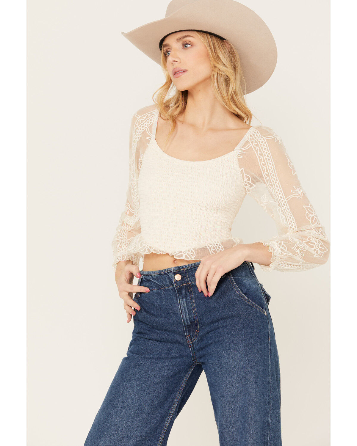 Image #2 - Jolt Women's Lace Smocked Long Sleeve Top, Ivory, hi-res