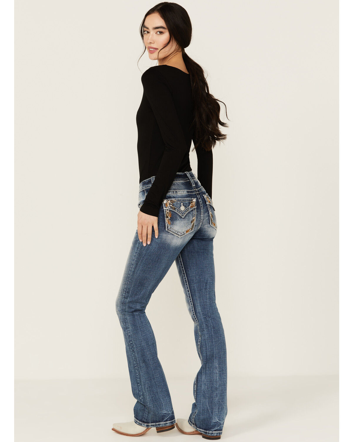 Image #1 - Miss Me Women's Medium Wash Faux Flap Leaf Pocket Mid Rise Bootcut Stretch Denim Jeans, , hi-res