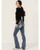 Image #1 - Miss Me Women's Medium Wash Faux Flap Leaf Pocket Mid Rise Bootcut Stretch Denim Jeans, , hi-res