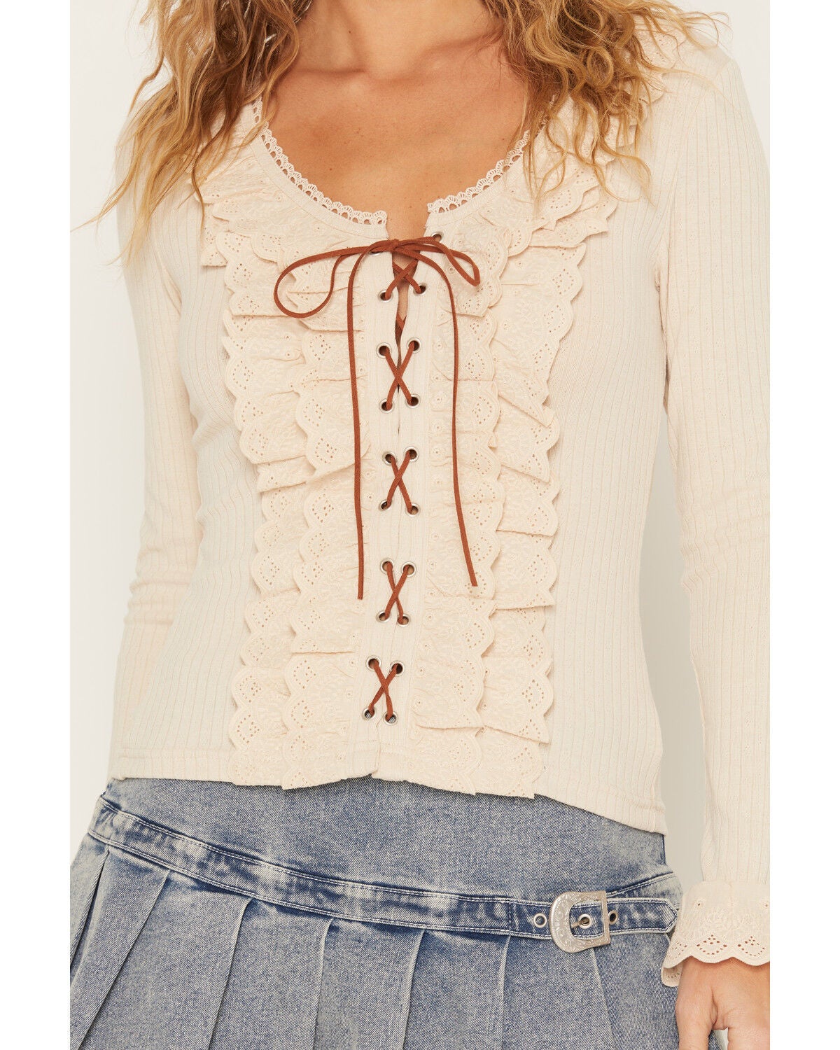 Image #3 - Miss Me Women's Tie Front Ruffle Long Sleeve Top, Natural, hi-res
