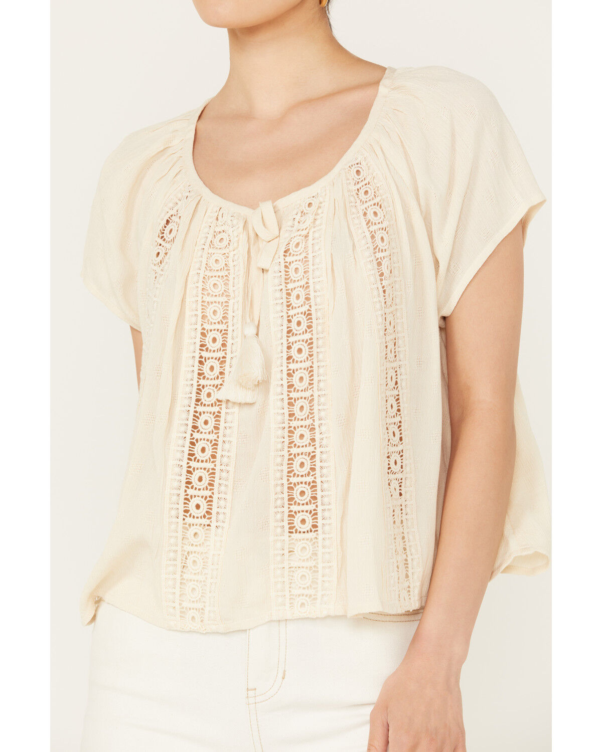 Image #3 - Band of the Free Women's Crochet Trim Peasant Top, Ivory, hi-res