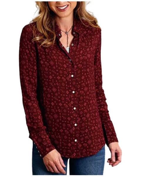 Stetson Women's Western Ditsy Printed Long Sleeve Snap Western Shirt , Wine, hi-res