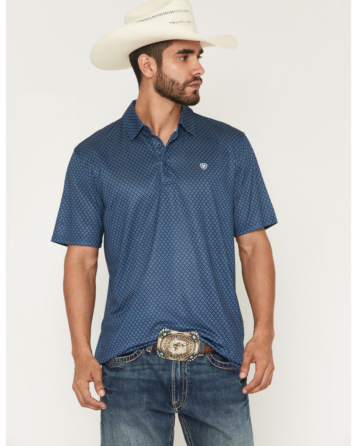 Ariat Men's AriatTEK Medallion Print Short Sleeve Polo, Dark Blue, hi-res