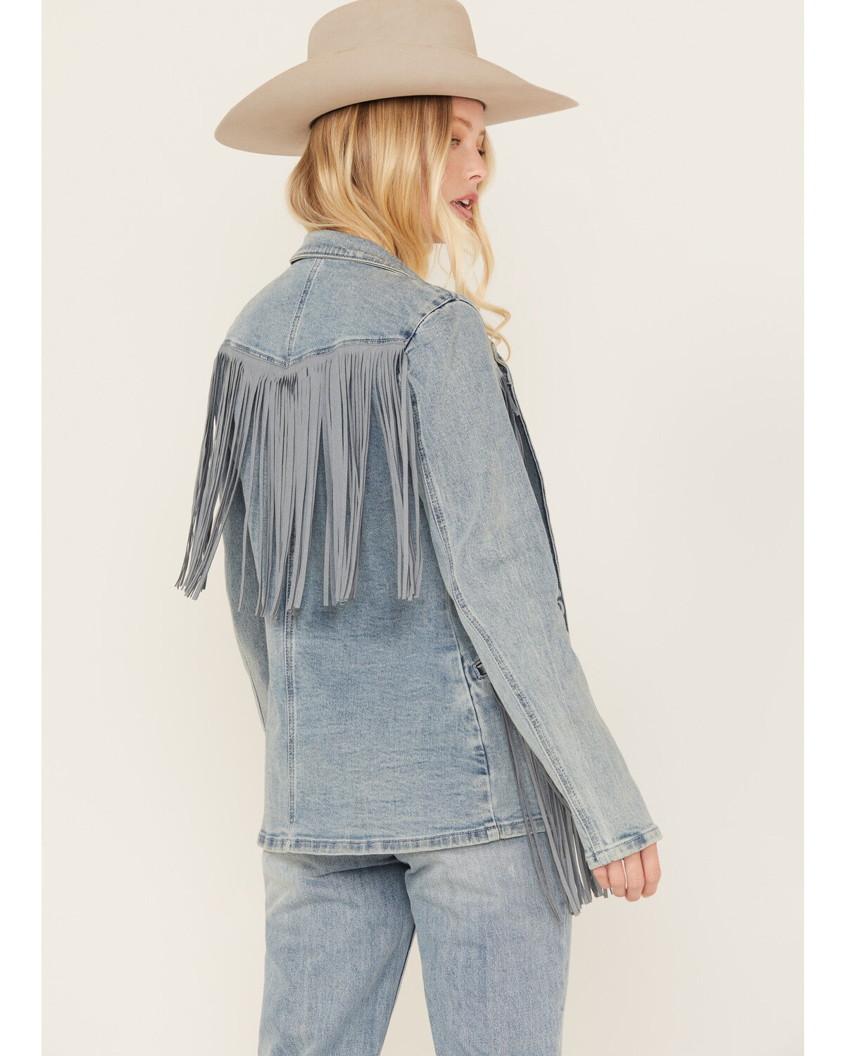 Image #4 - Rock & Roll Denim Women's Light Wash Denim Stretch Fringe Blazer, Light Wash, hi-res