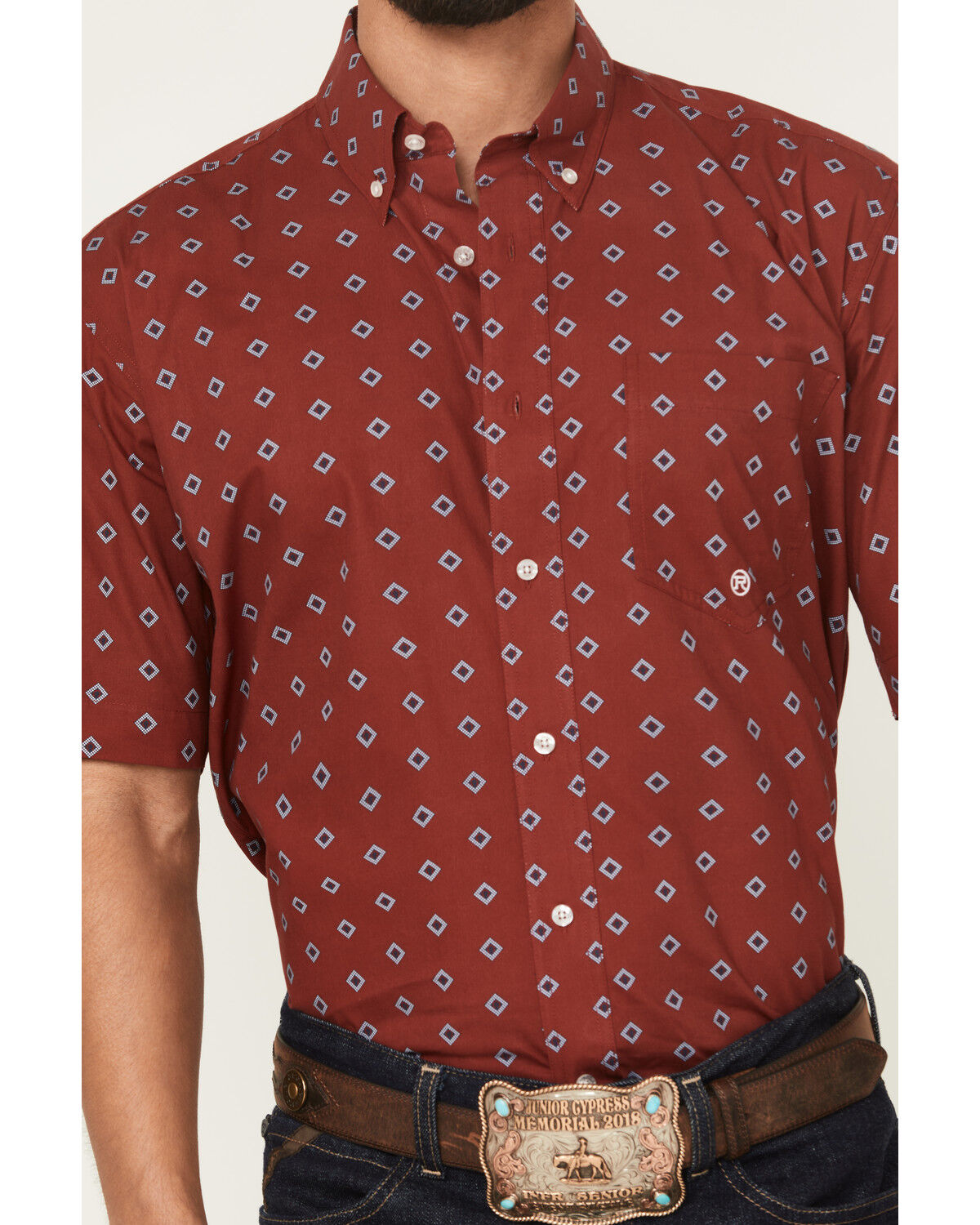 Image #3 - Roper Men's Amarillo Geo Print Short Sleeve Button-Down Western Shirt, Red, hi-res