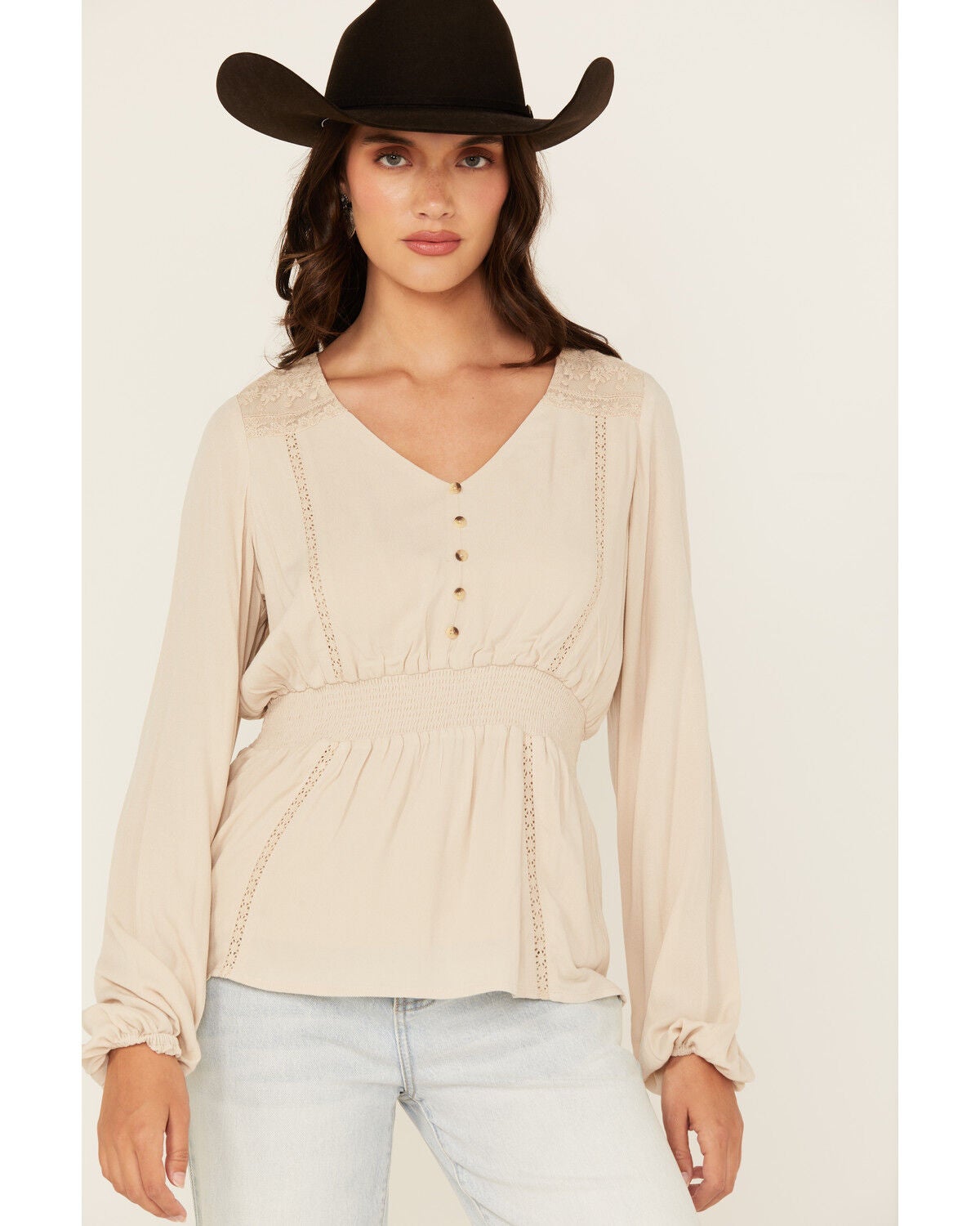 Shyanne Women's Lace Long Sleeve Button-Down Shirt, Natural, hi-res