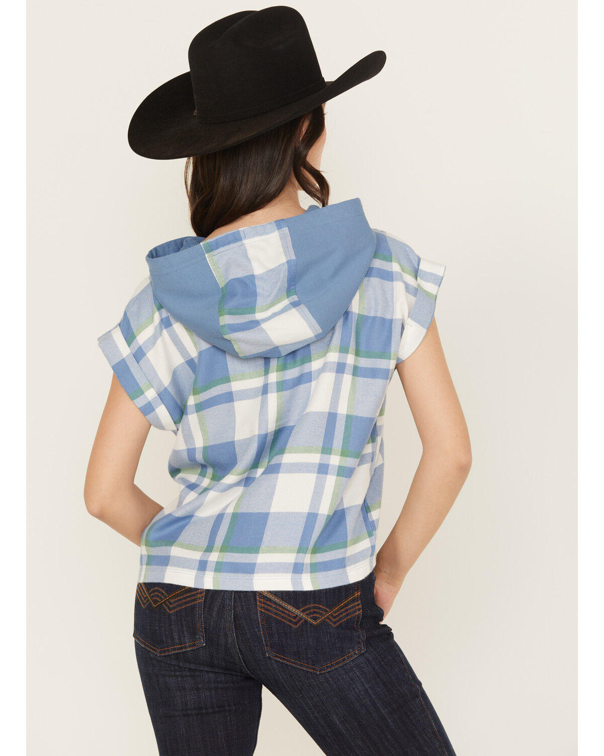 Image #4 - Cleo + Wolf Women's Electra Plaid Print Short Sleeve Button-Down Hooded Shirt, Steel Blue, hi-res