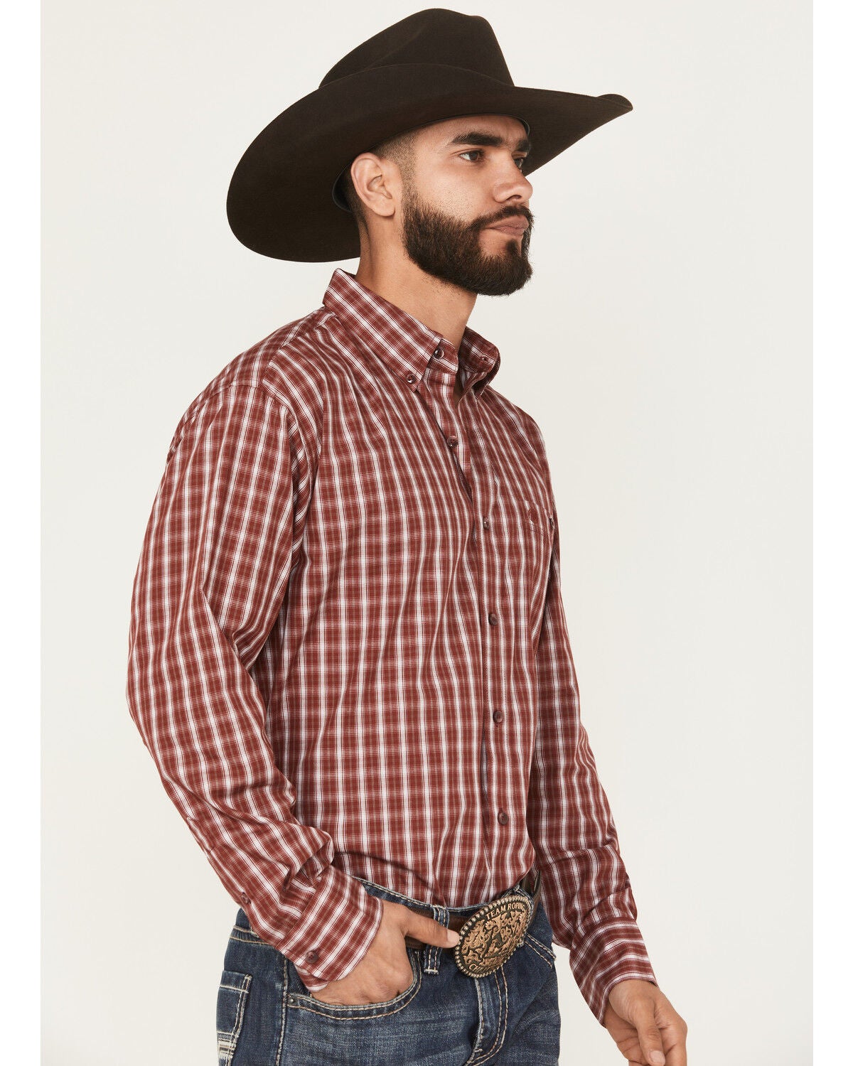 Image #2 - Wrangler Men's Plaid Print Long Sleeve Button-Down Stretch Western Shirt - Tall, Burgundy, hi-res