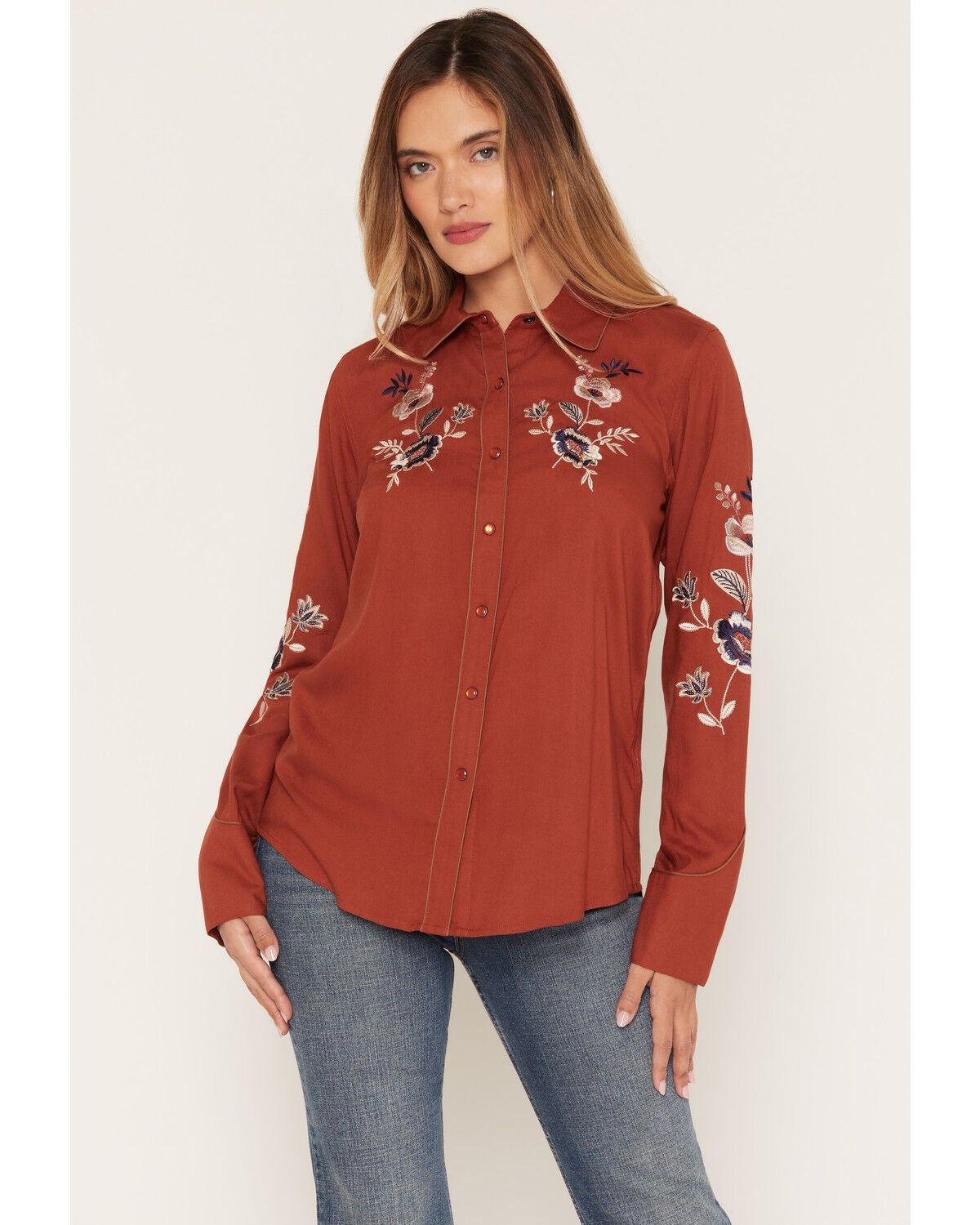 Image #1 - Shyanne Women's Linden Floral Embroidered Long Sleeve Pearl Snap Western Shirt, Brick Red, hi-res