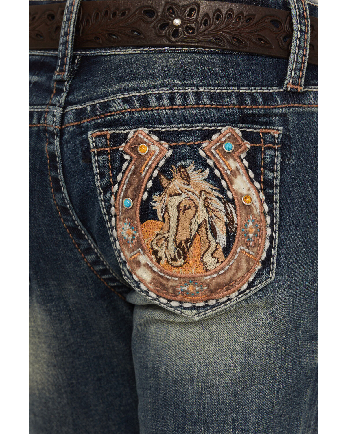 Image #2 - Grace In LA Girls' Cowhide Horseshoe Bootcut Stretch Denim Jeans, Blue, hi-res
