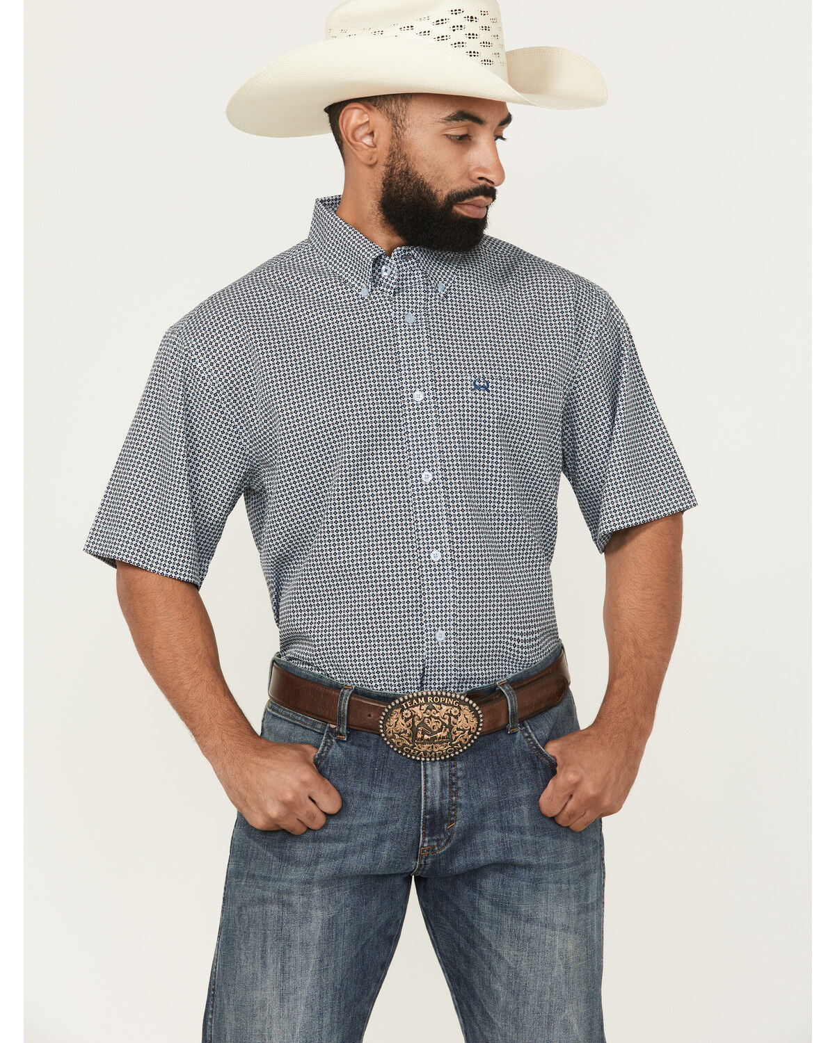 Image #1 - Cinch Men's Geo Print Short Sleeve Button-Down Performance Western Shirt, Light Blue, hi-res