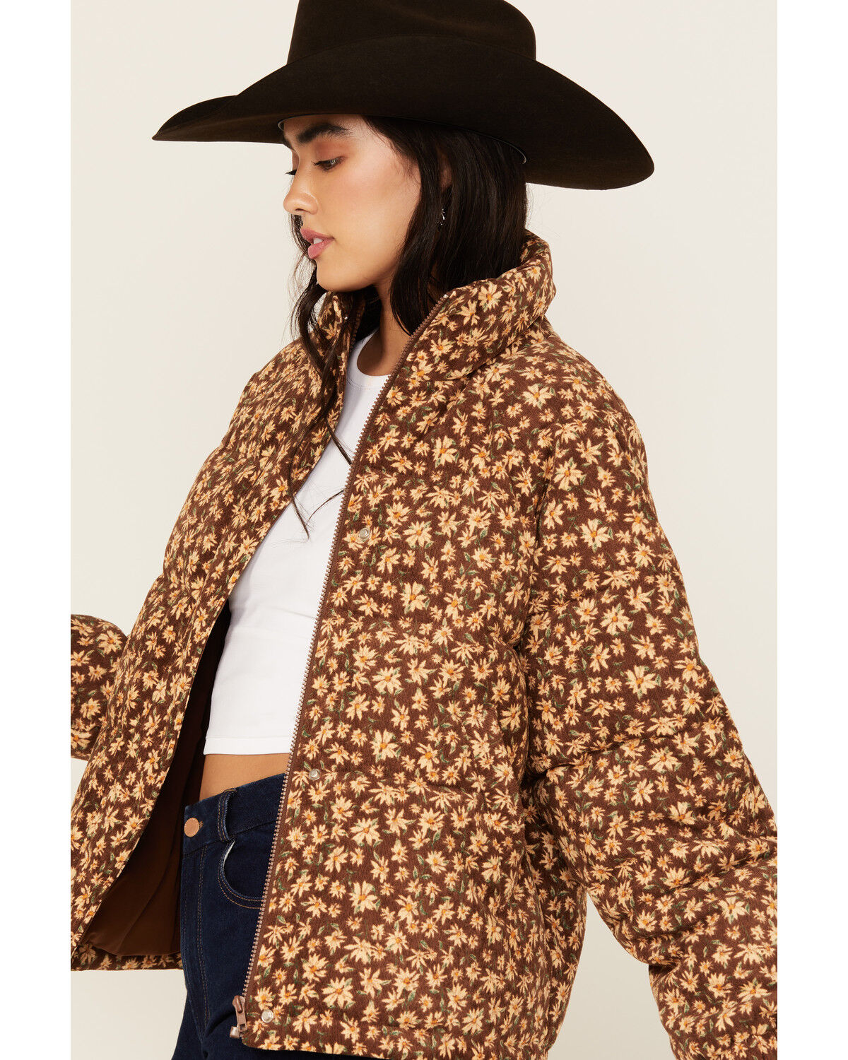 Image #2 - Sadie & Sage Women's Floral Puffer Jacket, Brown, hi-res