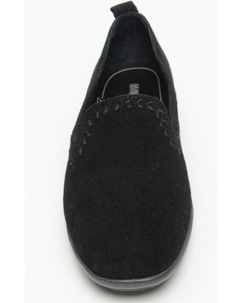 Minnetonka Women's Shay Suede Slip-On Shoes - Round Toe, Black, hi-res