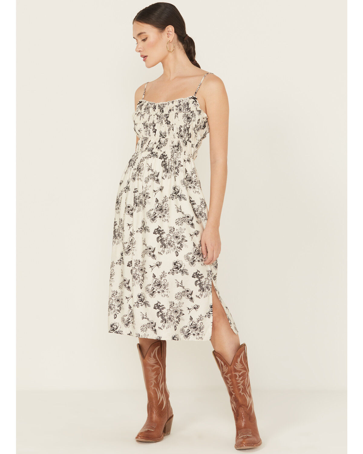 Image #1 - Wild Moss Women's Floral Print Smocked Midi Dress, Ivory, hi-res