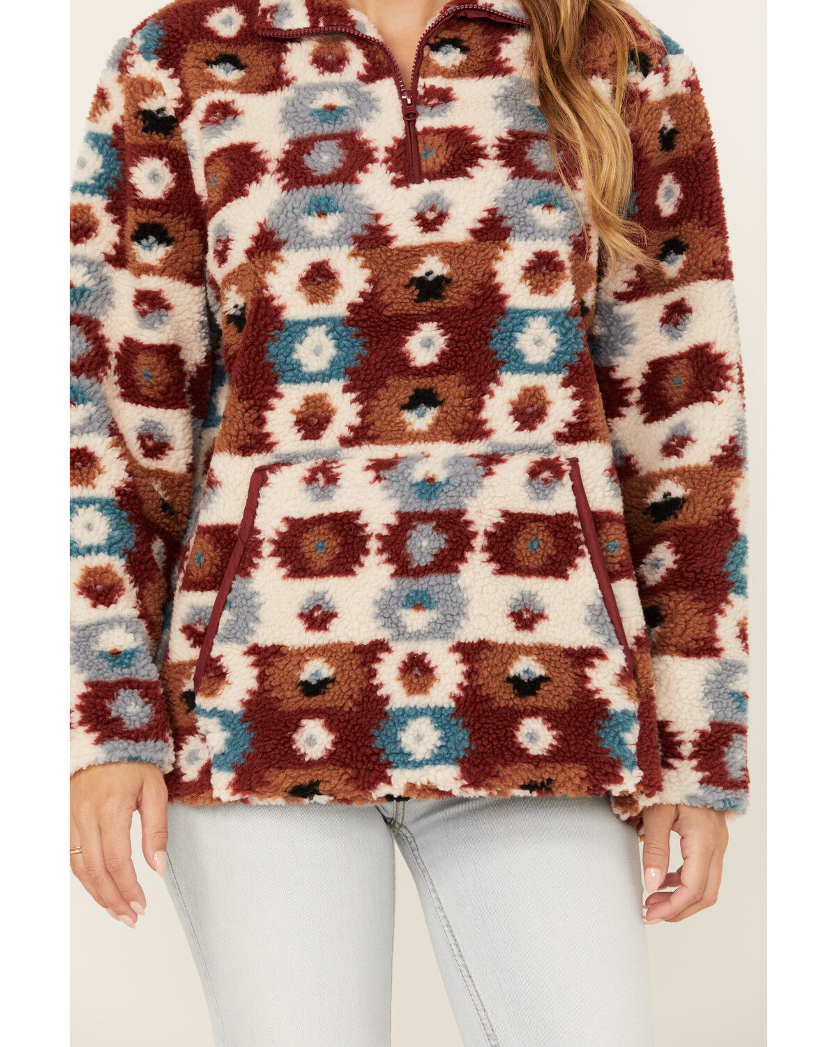 Image #3 - Cotton & Rye Women's Southwestern Print Sherpa Half Zip Pullover, Rust Copper, hi-res