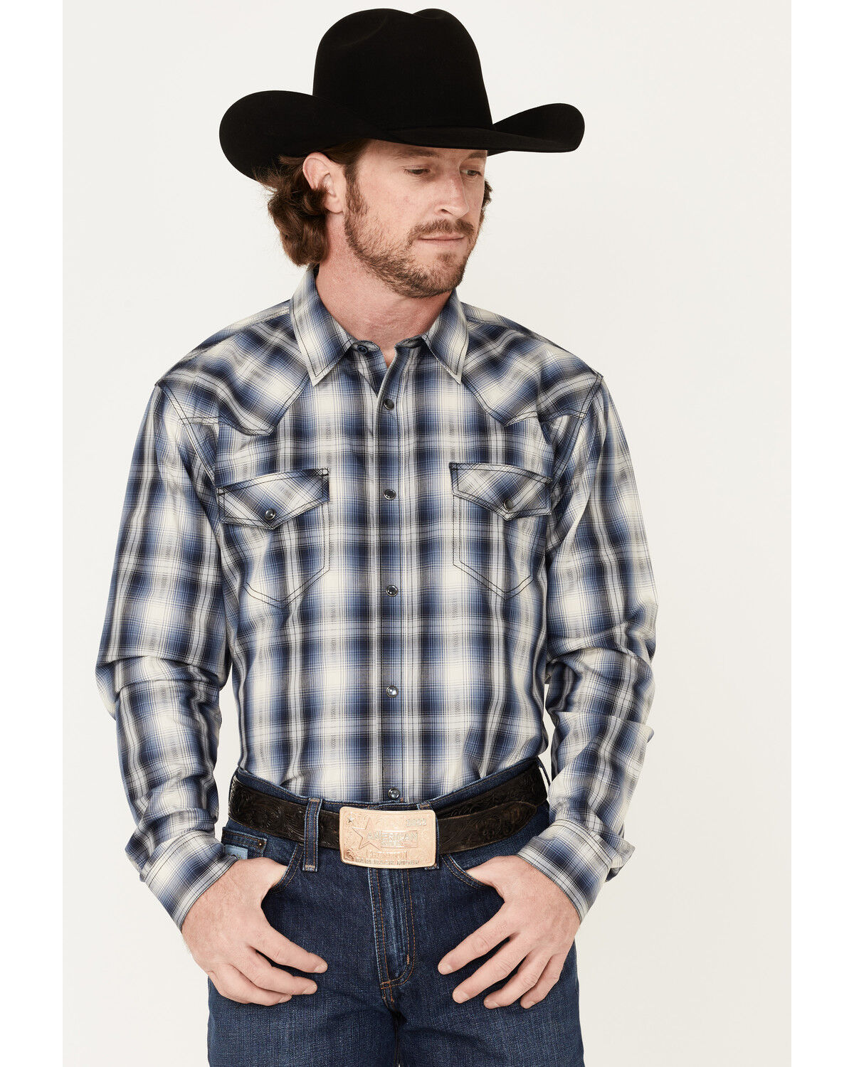Image #1 - Cody James Men's Trailblazer Plaid Print Long Sleeve Pearl Snap Western Shirt, Blue, hi-res