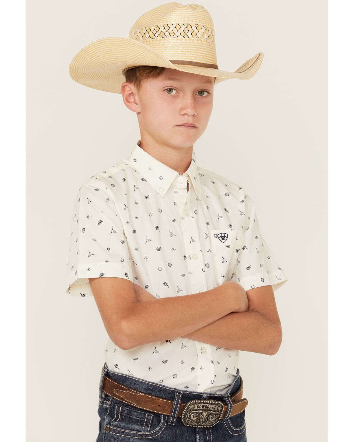 Image #2 - Ariat Boys' Conversation Print Short Sleeve Button-Down Western Shirt, White, hi-res