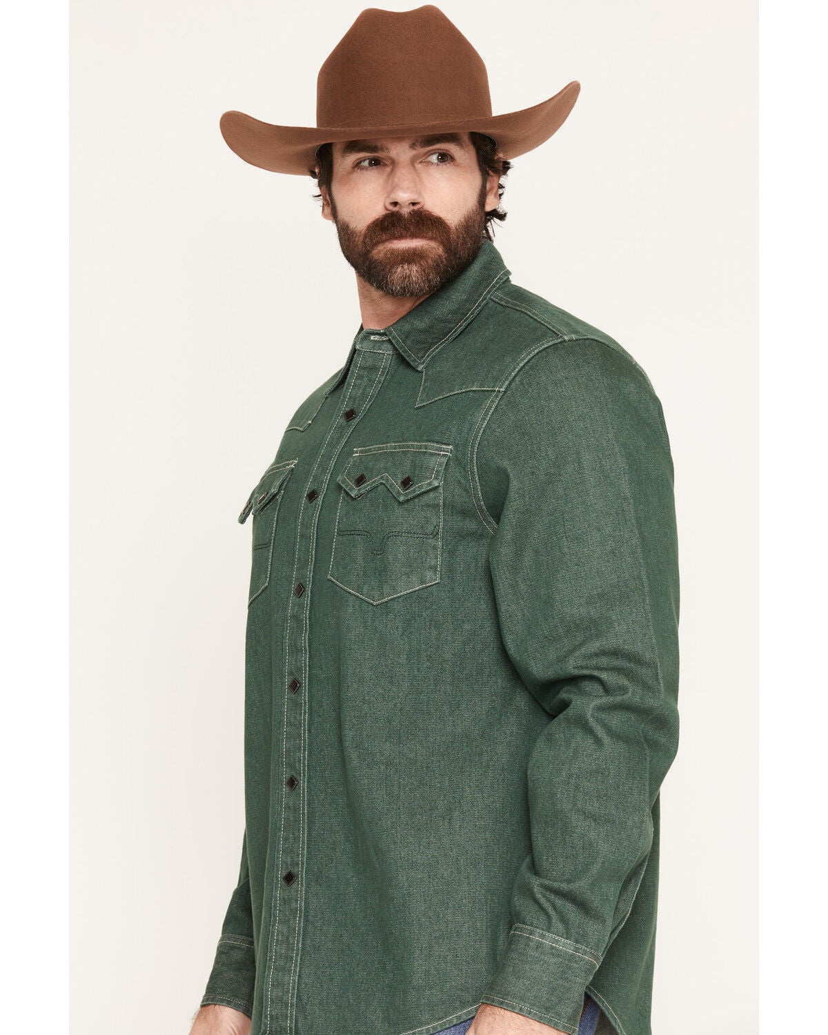 Image #2 - Kimes Ranch Men's Roscoe Denim Long Sleeve Snap Western Shirt, Green, hi-res