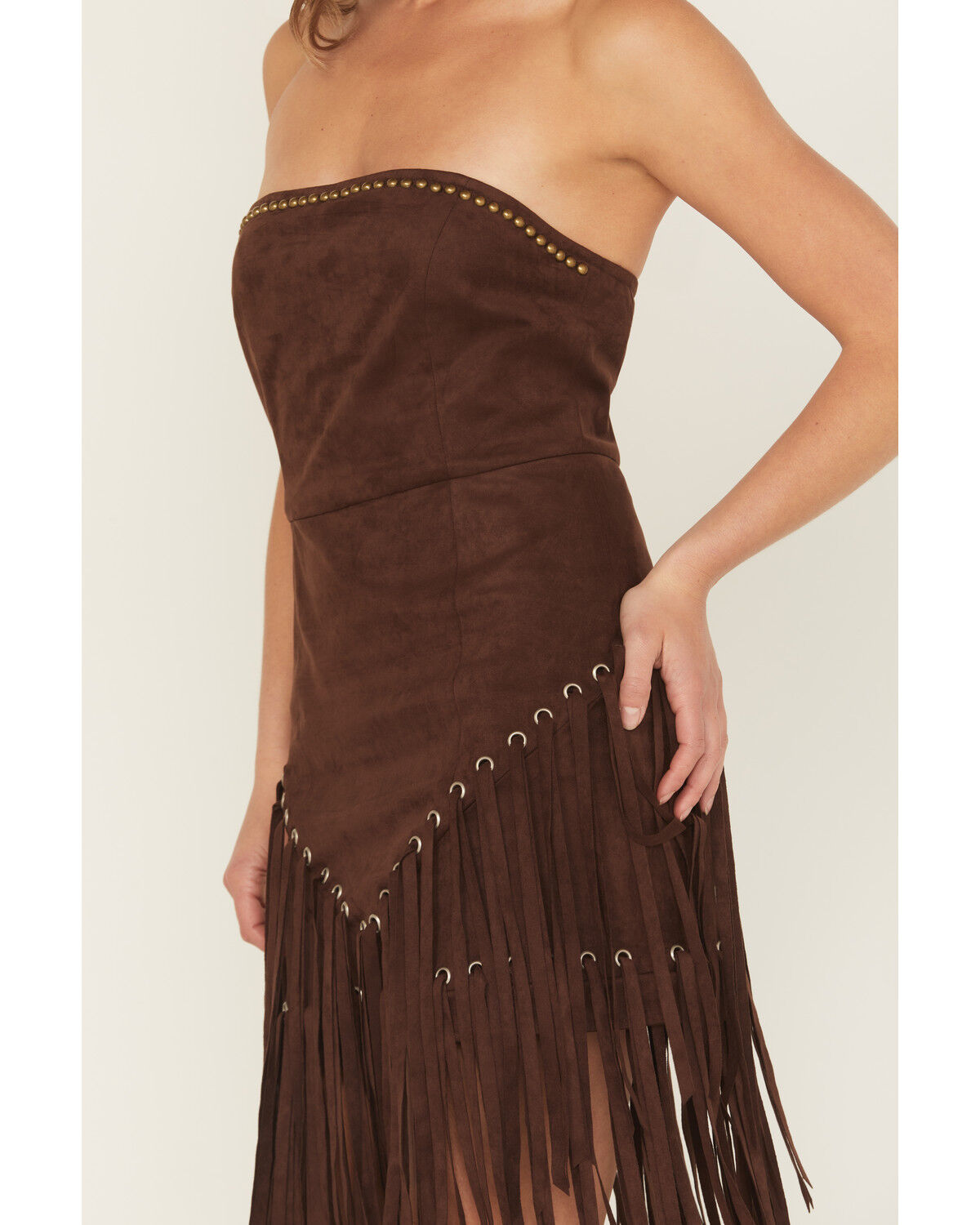 Image #3 - Blue B Women's Fringe Faux Suede Strapless Mini Dress, Dark Brown, hi-res