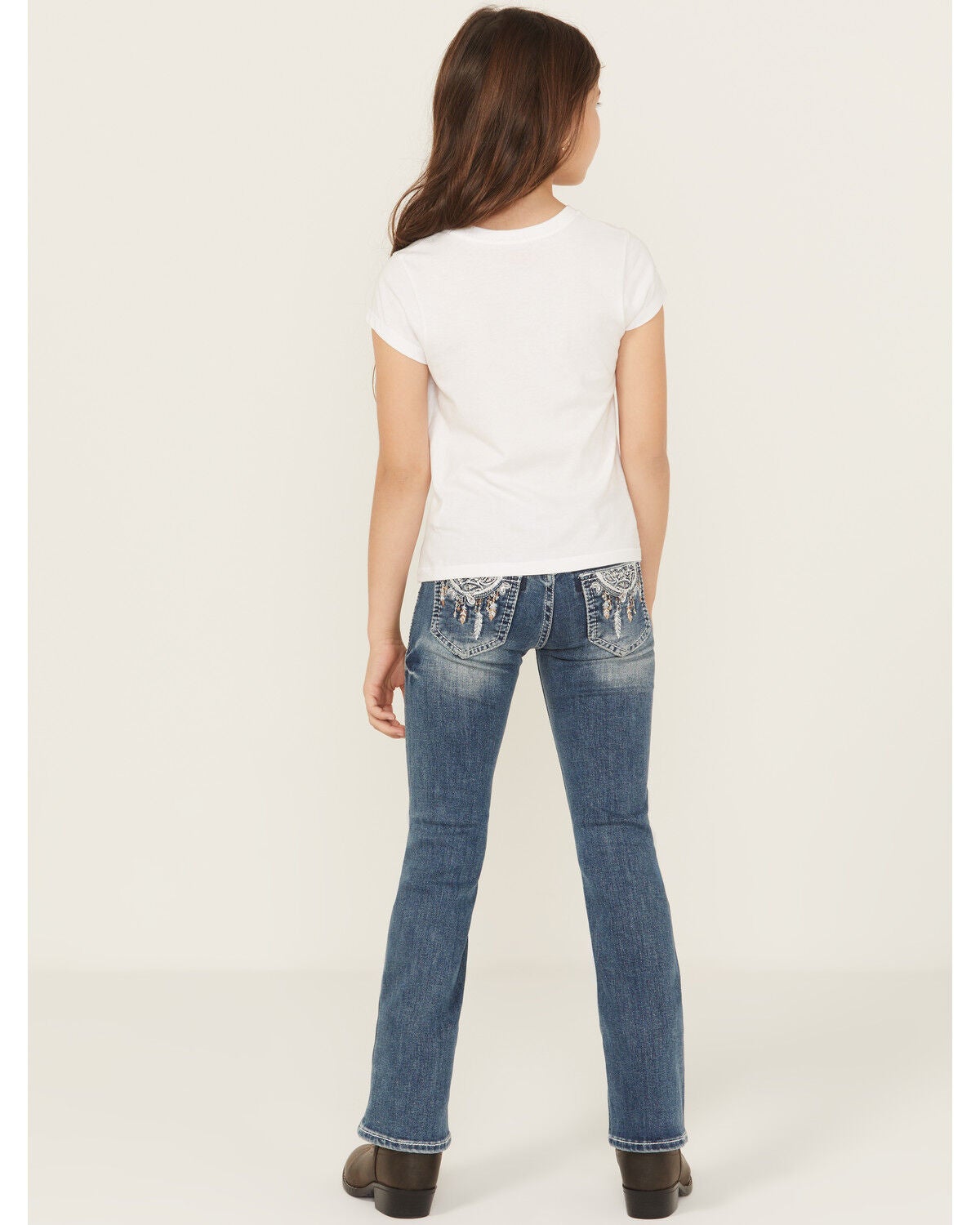 Grace in LA Girls' Medium Wash Dreamcatcher Pocket Bootcut Denim Jeans, Blue, hi-res