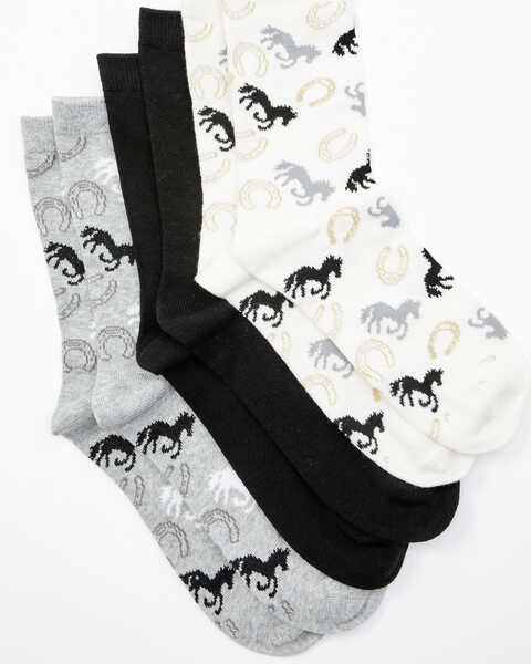 Image #1 - Shyanne Women's Horses & Shoes Crew Socks - 3 Pack, Grey, hi-res