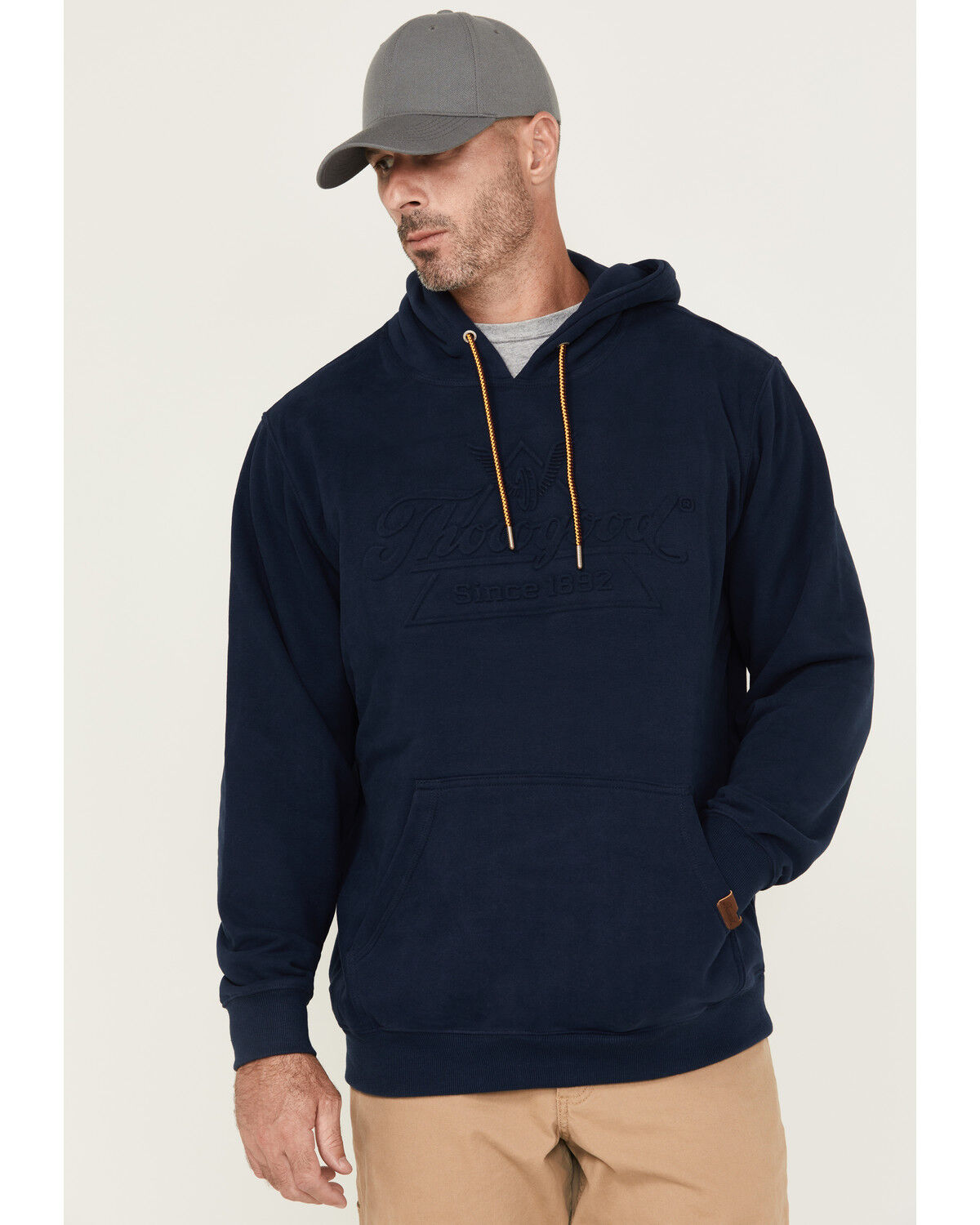 Image #1 - Thorogood Men's Heavyweight Brushed Embossed Logo Hooded Sweatshirt, Navy, hi-res