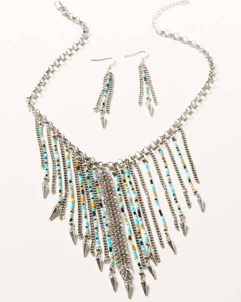 Image #1 - Shyanne Women's Desert Charm Beaded Fringe Necklace & Earrings Set - 2-Piece, Silver, hi-res