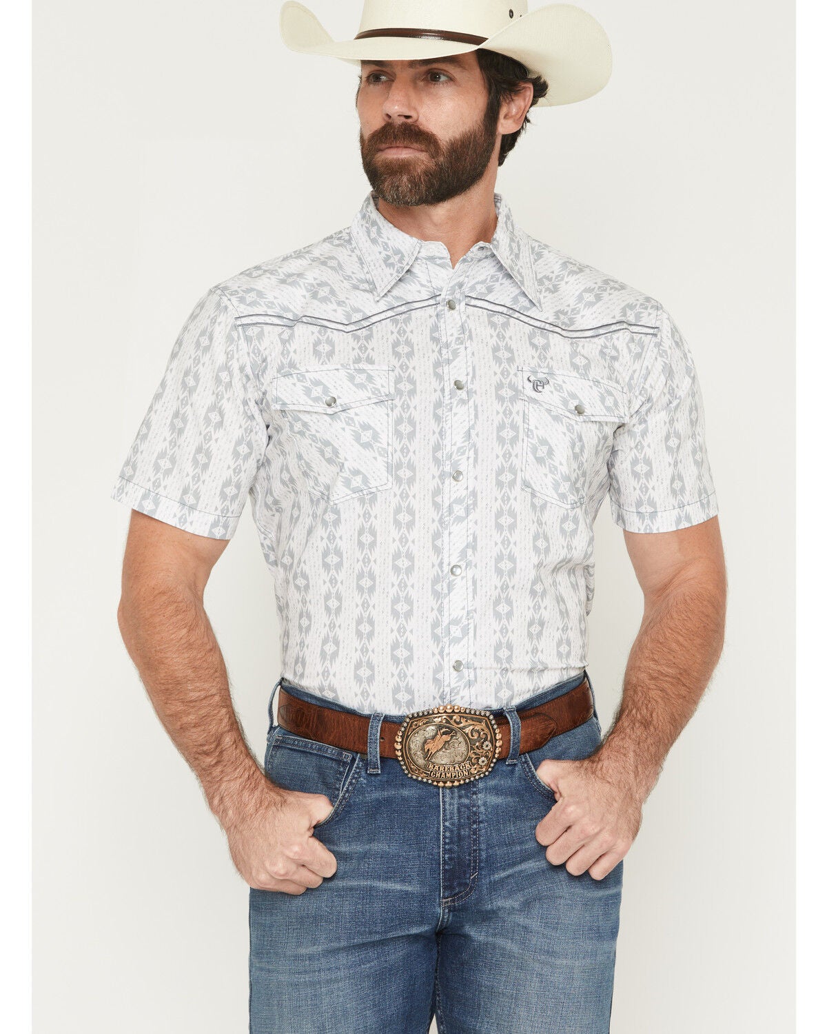 Cowboy Hardware Men's Southwestern Print Short Sleeve Pearl Snap Stretch Western Shirt, White, hi-res