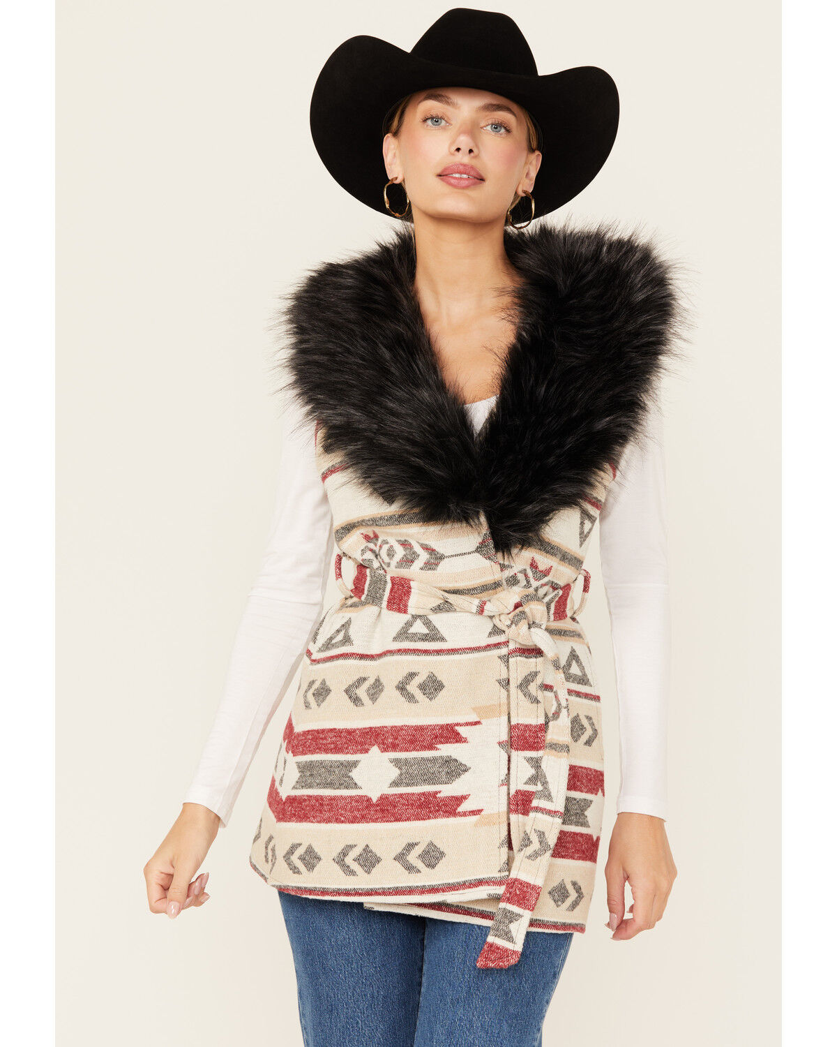 Image #1 - Cripple Creek Women's Southwestern Print Fur Collar Wrap Vest, Cream, hi-res