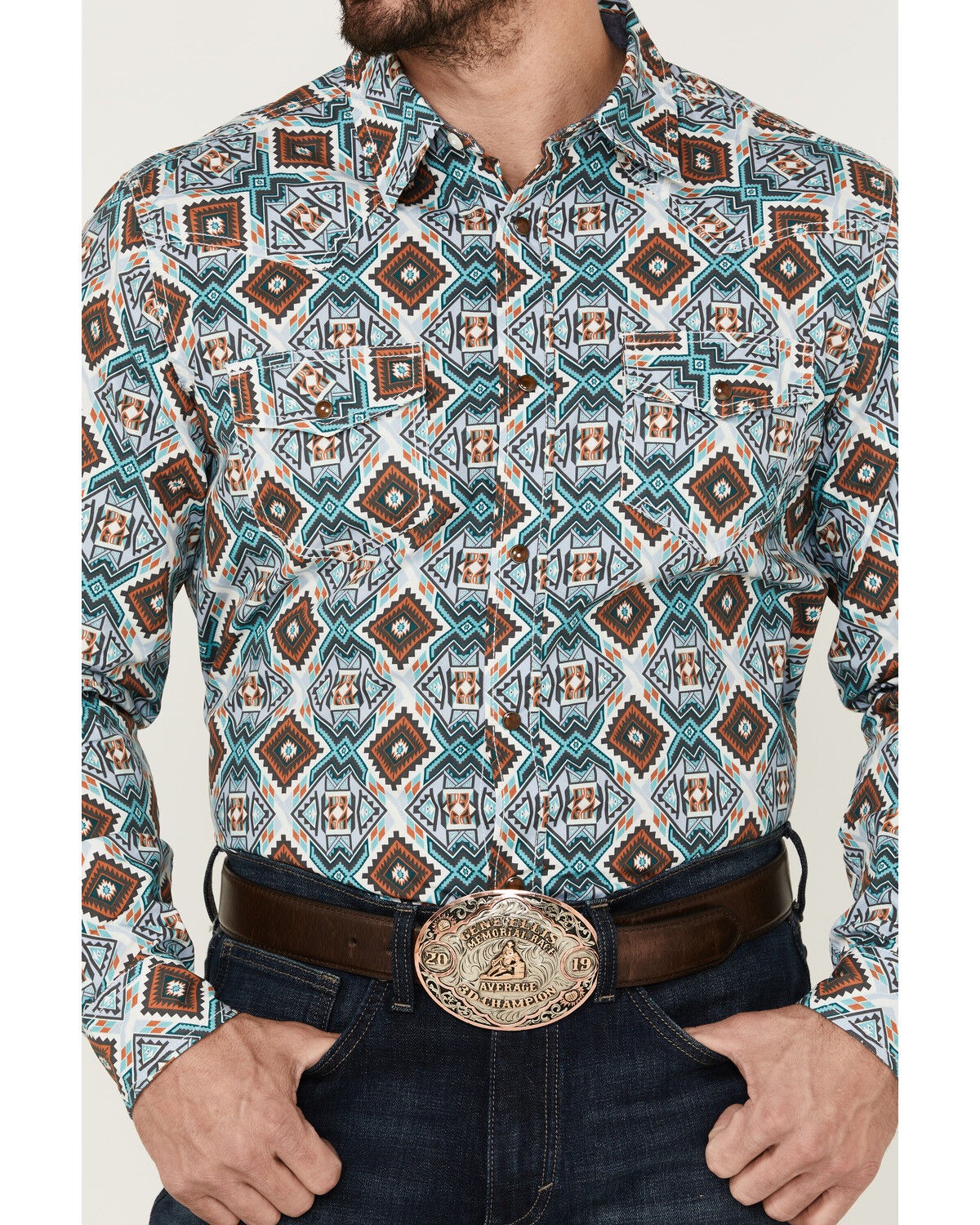 Image #3 - Cody James Men's Great Plains Southwestern Print Long Sleeve Snap Western Shirt, Turquoise, hi-res