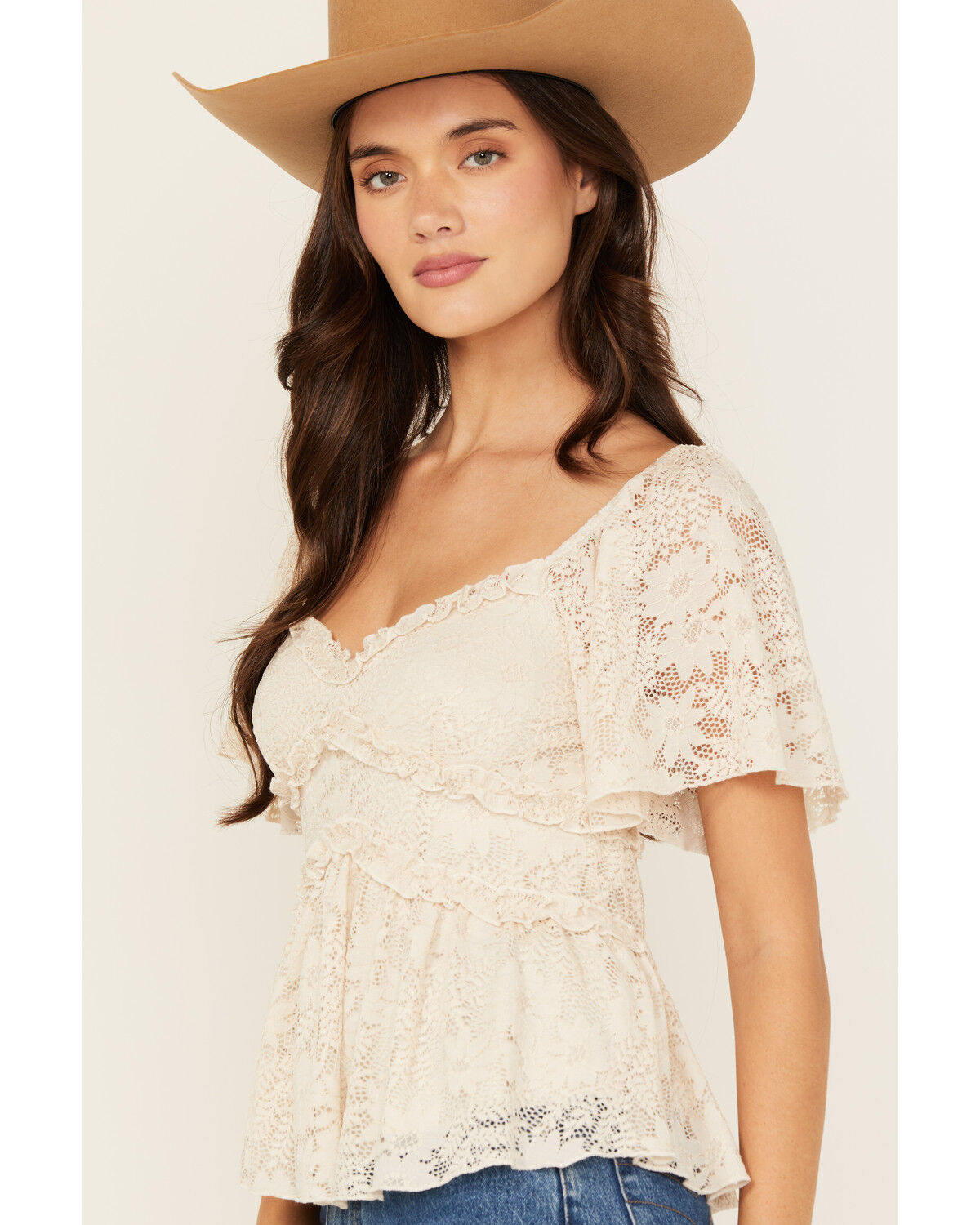 Image #2 - Originality Women's Ruffle Lace Short Sleeve Top, Cream, hi-res