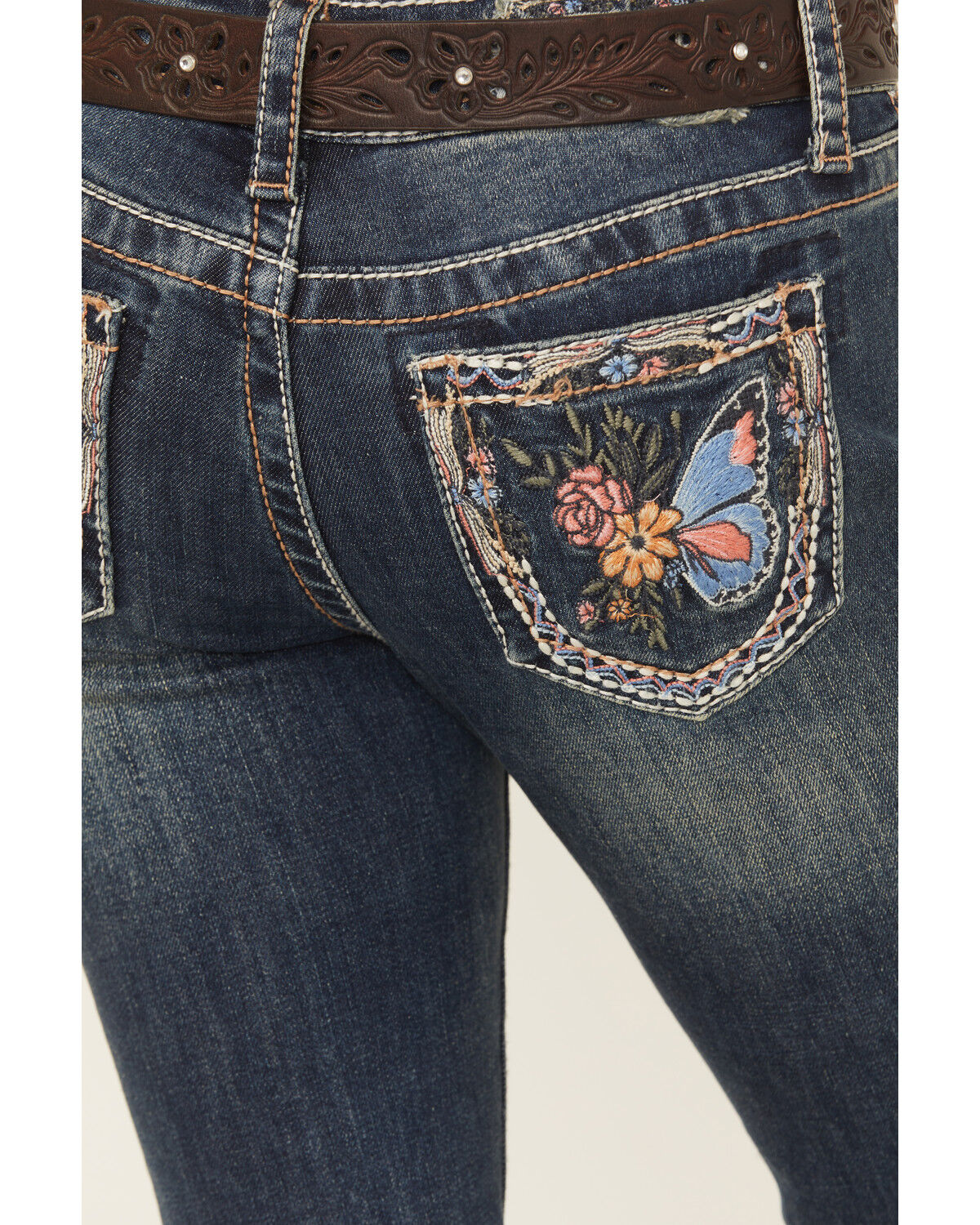 Image #2 - Grace in LA Girls' Medium Wash Floral Butterfly Pocket Bootcut Stretch Denim Jeans, Blue, hi-res