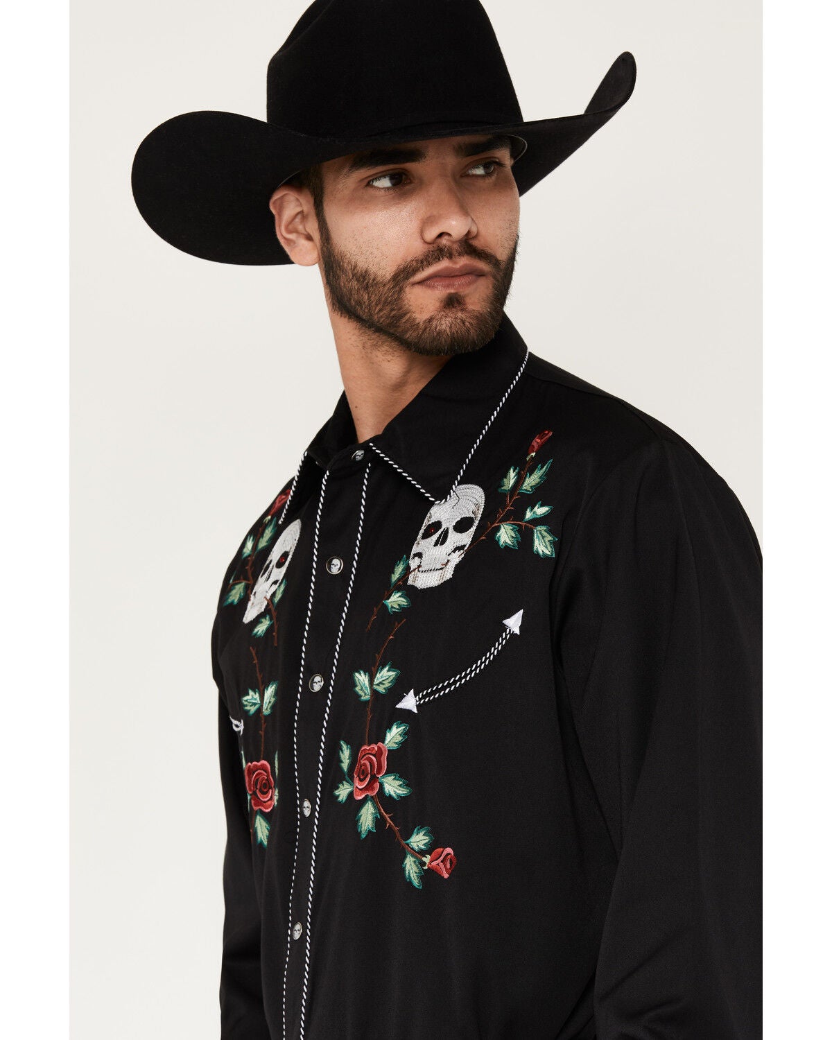 Image #2 - Scully Men's Skull & Roses Embroidered Retro Long Sleeve Western Shirt, Black, hi-res